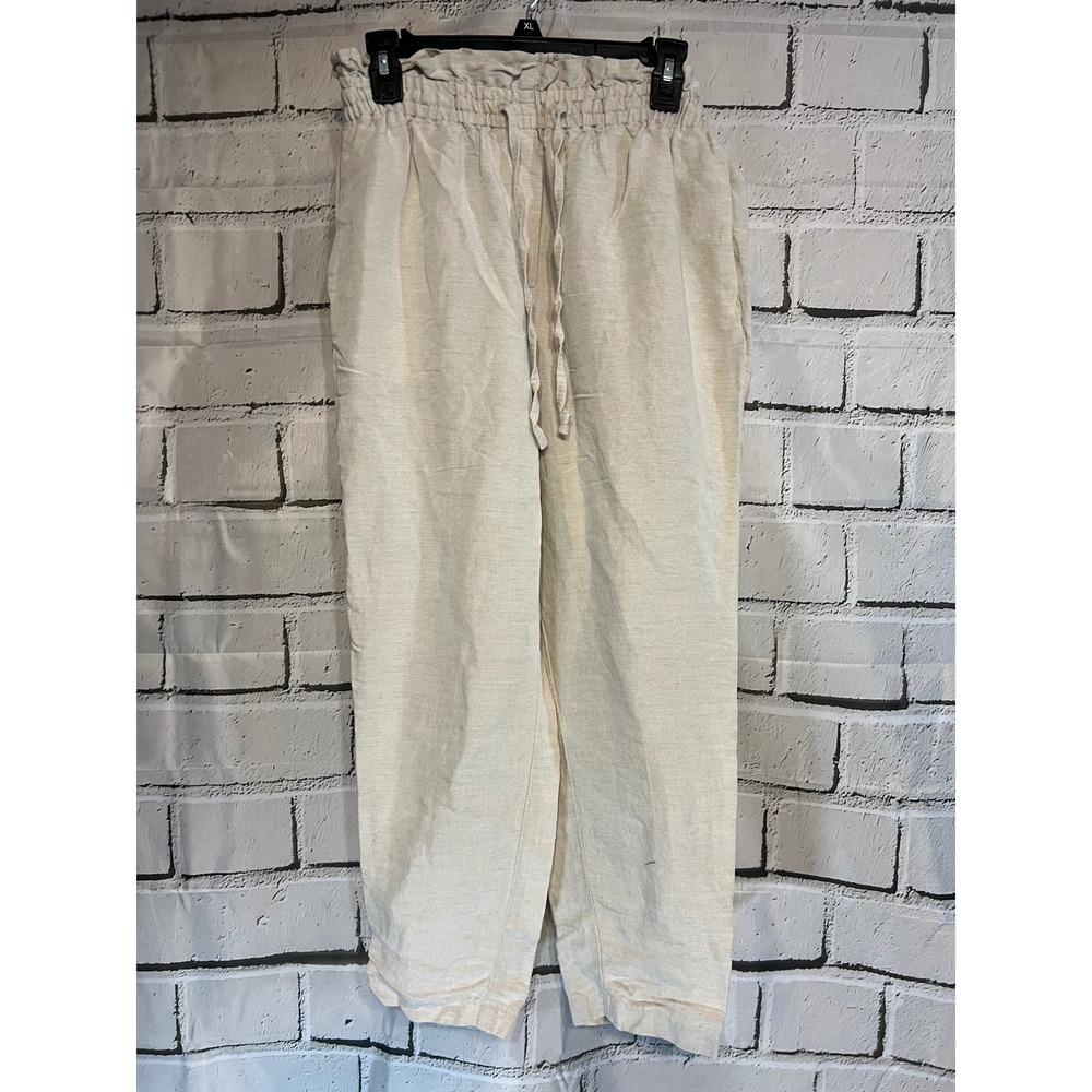 HM Linen Blend Paperbag Waist Pants Beige Oatmeal Straight Leg Drawstring XL